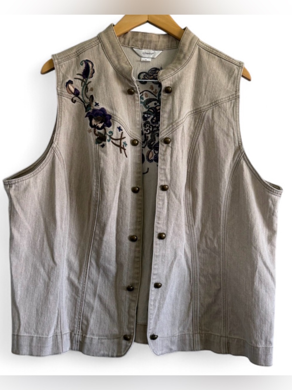 Denim Embroidered Floral Button Up Vest CJ Banks 1X  Cottagecore Grandmacore